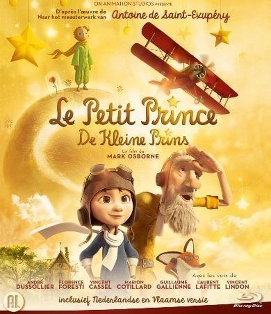 Blu-ray hoes "Le Petit Prince" met de Kleine Prins, piloot, vos en een vliegtuig, sterren en een planeet.