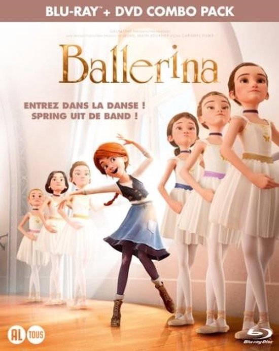Hoes van de Blu-ray/DVD combo pack van Ballerina. Meisjes in balletkostuums, de voorste met rood haar, blauwe rok en stippen panty.