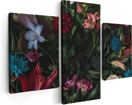 Artaza Canvas Schilderij Drieluik Kleurrijke Bloemen Met Groene Bladeren - 90x60 - Foto Op Canvas - Canvas Print