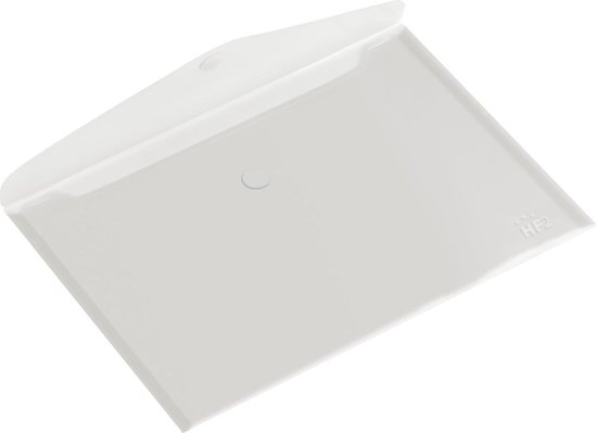 Een enkele witte, transparante enveloptas van HF2 met een drukknoopsluiting.
