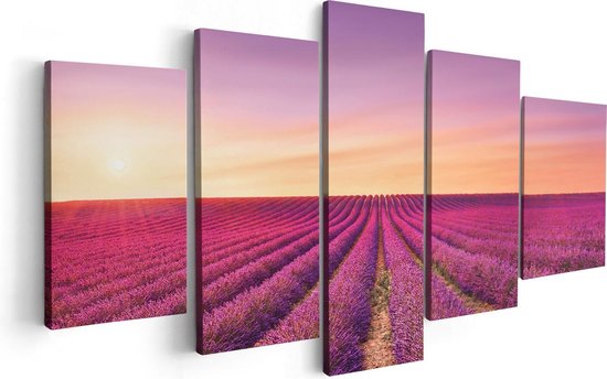 Artaza Canvas Schilderij Vijfluik Paarse Lavendel Bloemenveld - 100x50 - Foto Op Canvas - Canvas Print