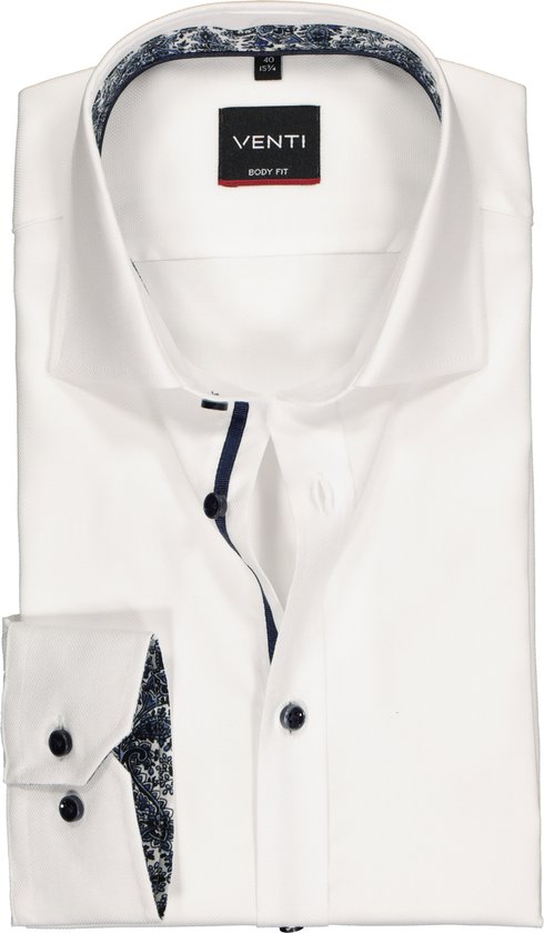 VENTI body fit overhemd - wit structuur (contrast) - Strijkvriendelijk - Boordmaat: 38