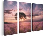 Artaza - Triptyque de peinture sur toile - Champ de fleurs avec Lavande au coucher du soleil - 120x80 - Photo sur toile - Impression sur toile