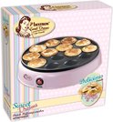 Doos van Bestron Sweet Dreams poffertjesmaker APFM700SDP, roze, met een afbeelding van de pan en poffertjes.