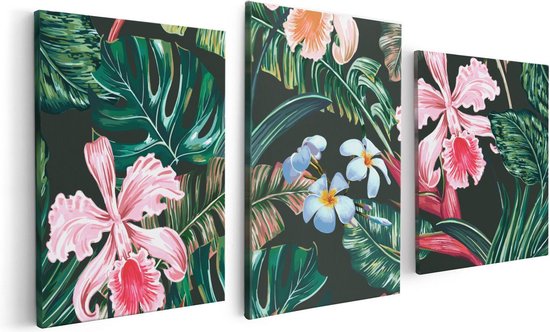 Artaza Canvas Schilderij Drieluik Getekende Tropische Bloemen - Abstract - 120x60 - Foto Op Canvas - Canvas Print