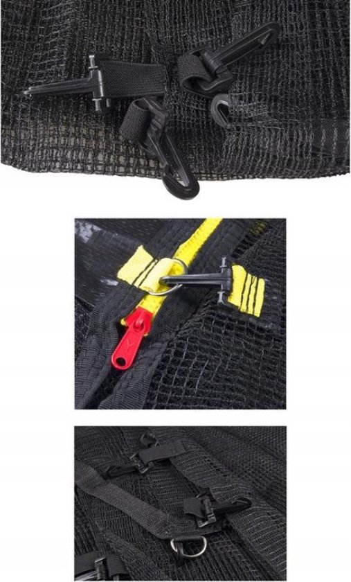 Details van trampoline veiligheidsnet: clips, ritssluiting met rode rits en bandjes.