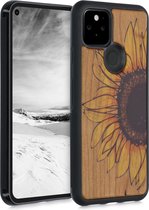 kwmobile telefoonhoesje compatibel met Google Pixel 5 - Hoesje met bumper in geel / donkerbruin / lichtbruin - kersenhout - Wood Sunflower design