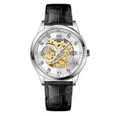 Longbo - Unisex Horloge - Skeleton - Zwarte Leren Band - Zilver/Wit/Goud -  40mm - Automatic