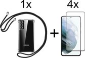 Samsung S21 FE Hoesje - Samsung Galaxy S21 FE hoesje met koord transparant shock proof case - Full Cover - 4x Samsung S21 FE screenprotector