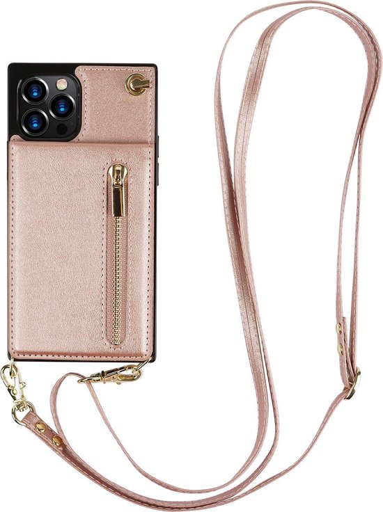 Rose gouden telefoonhoes met pasjeshouder, rits en nekkoord.