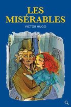 Cover van 'Les Misérables' van Victor Hugo. Een illustratie toont een man met hoed die een meisje met rood haar vasthoudt in een steeg.