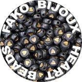 Fako Bijoux® - Letterkralen Rond - Hartjes Kralen - Acryl - Sieraden Maken - 7mm - 250 Stuks - Zwart/Goud