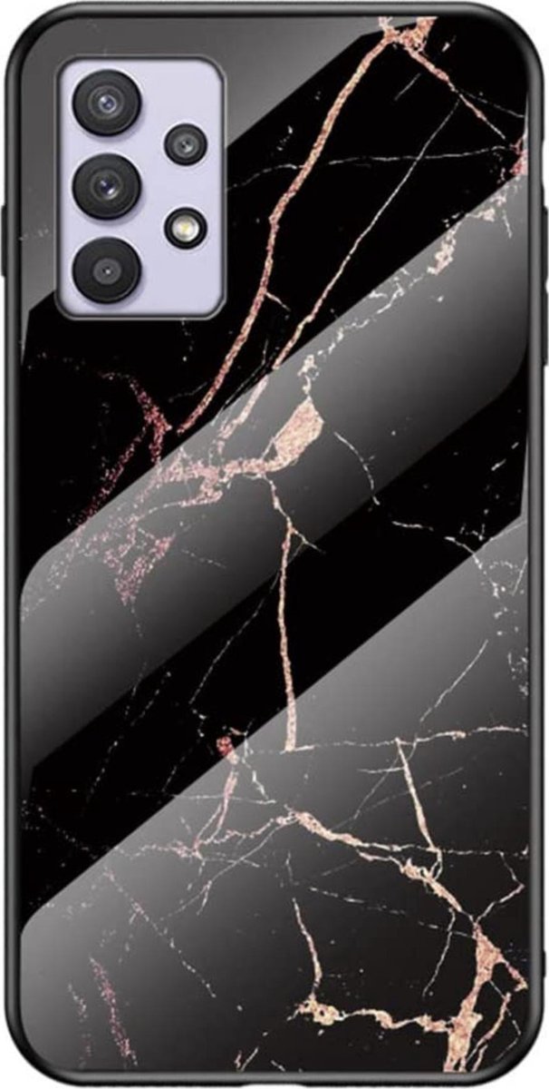 Geschikt voor Samsung Galaxy A32 5G Backcover - Zwart / Goud - Marmer - Gehard Glas