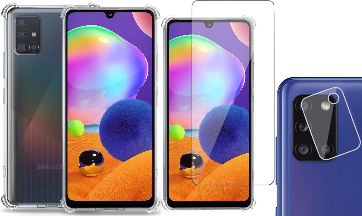 Hoesje geschikt voor Samsung Galaxy A31 - Screenprotector Glas & Camera Screen Protector - Transparant Shock Case