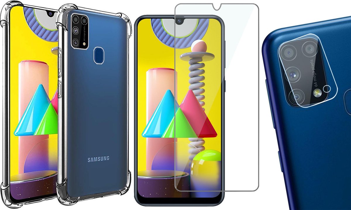 Samsung Galaxy M31 Hoesje Transparant Shock Case - 1x Samsung M31 Hoesje + 1x Screenprotector Glas + 1x Camera Screen Protector