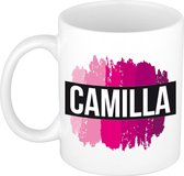 Camilla  naam cadeau mok / beker met roze verfstrepen - Cadeau collega/ moederdag/ verjaardag of als persoonlijke mok werknemers
