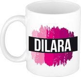 Dilara  naam cadeau mok / beker met roze verfstrepen - Cadeau collega/ moederdag/ verjaardag of als persoonlijke mok werknemers
