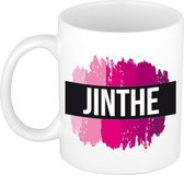 Jinthe  naam cadeau mok / beker met roze verfstrepen - Cadeau collega/ moederdag/ verjaardag of als persoonlijke mok werknemers