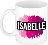 Isabelle  naam cadeau mok / beker met roze verfstrepen - Cadeau collega/ moederdag/ verjaardag of als persoonlijke mok werknemers