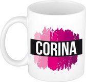 Corina  naam cadeau mok / beker met roze verfstrepen - Cadeau collega/ moederdag/ verjaardag of als persoonlijke mok werknemers