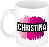 Christina  naam cadeau mok / beker met roze verfstrepen - Cadeau collega/ moederdag/ verjaardag of als persoonlijke mok werknemers