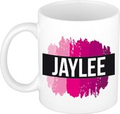 Jaylee  naam cadeau mok / beker met roze verfstrepen - Cadeau collega/ moederdag/ verjaardag of als persoonlijke mok werknemers