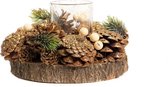 Theelicht houder kerst versiering | ø 15 cm | Kerststuk op houten plateau met waxinelichtje | Bruin