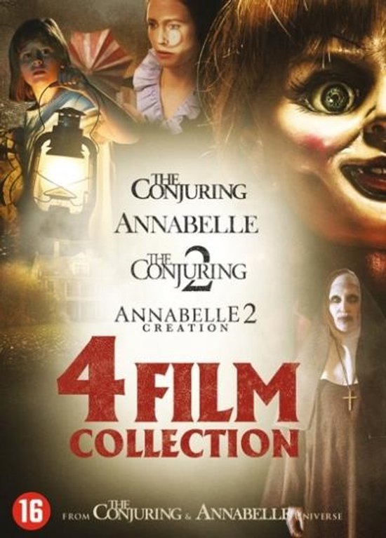 DVD hoes voor "4 Film Collection" met "The Conjuring", "Annabelle", "The Conjuring 2" en "Annabelle 2 Creation". Griezelige afbeeldingen van poppen, nonnen en kinderen.