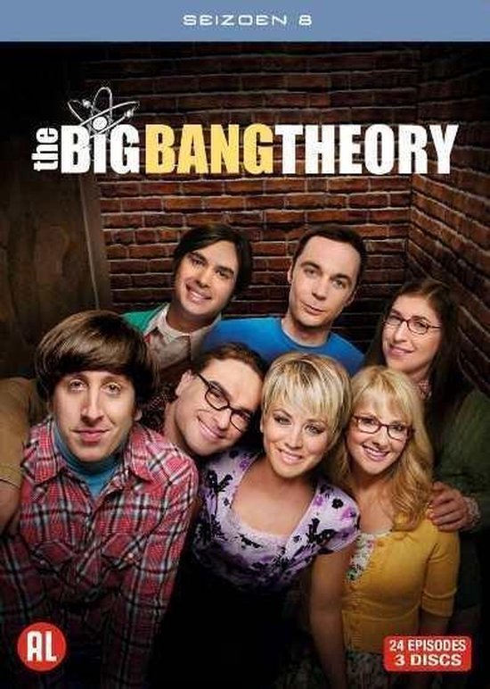 De cast van The Big Bang Theory, seizoen 8, met o.a. Sheldon, Leonard, Penny en Amy, tegen een bakstenen muur.