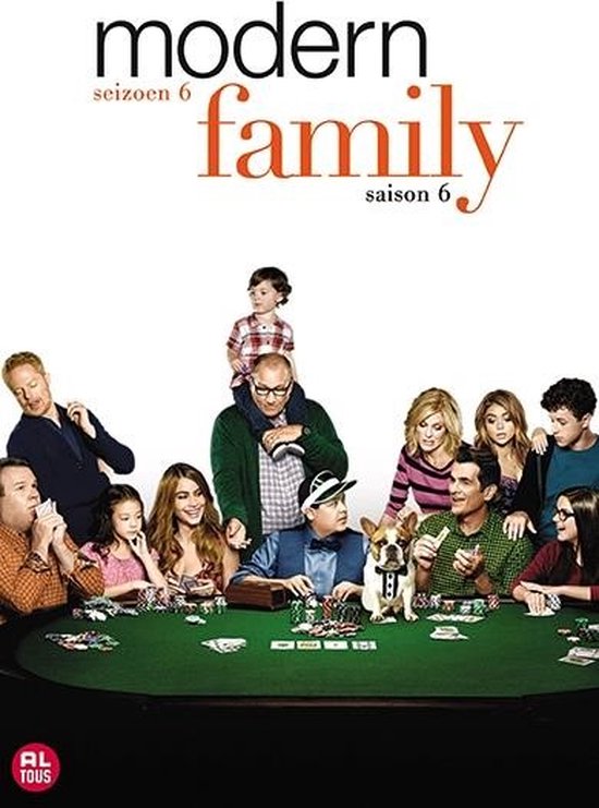 De cast van Modern Family zit rond een pokertafel, met de tekst 'modern family saison 6'.