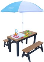 AXI Dennis Zand & Water Picknicktafel met Speelkeuken, Wastafel en losse bankjes in Antraciet/Bruin - Met Parasol in Blauw/Wit - Incl. 17-delige accessoire-set