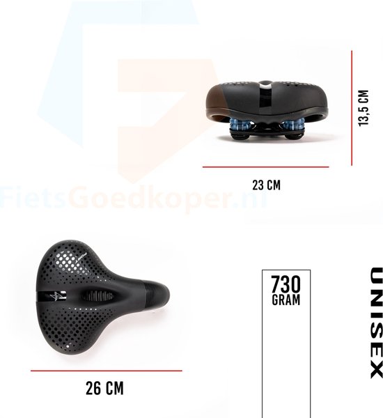 Afmetingen van een zwart fietszadel: 26 cm lengte, 13,5 cm breedte, 23 cm diepte. Gewicht 730 gram. Unisex.