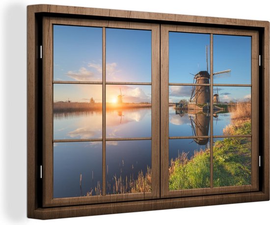 Canvas schilderij 120x80 cm - Wanddecoratie Doorkijk - Molen - Zonsondergang - Muurdecoratie woonkamer - Slaapkamer decoratie - Kamer accessoires - Schilderijen op canvas
