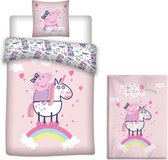 Peppa Pig Dekbedovertrek Unicorn - Eenpersoons - 140 x 200 cm - Flanel- incl. Peppa Pig Fleeceplaid Unicorn - 100 x 140 cm - Roze