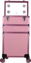 Make up Koffer met spiegel en 4 ingebouwde UV lampen en stekker voor netstroom - Roze Kleur - gemaakt van Aluminium - Bekleed met een hoge kwaliteit Roze fluweel- Driedelig - 8 wielen - Kapper - Nagel - Visagie - Cosmetica - Schmink - Beauty koffer