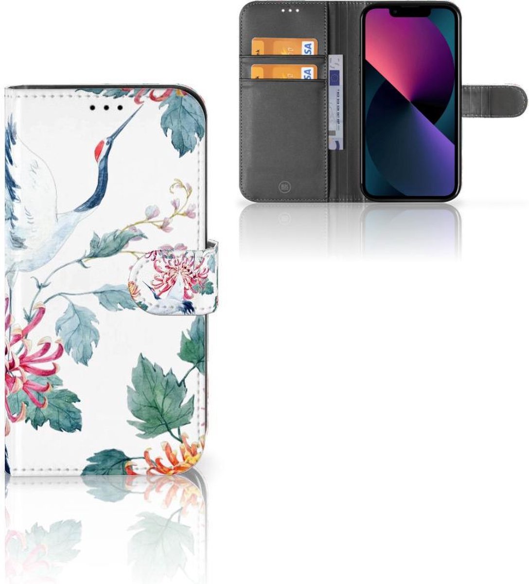 Apple iPhone 13 Telefoonhoesje met Pasjes Bird Flowers