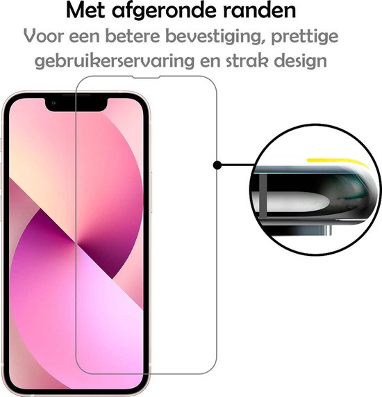 Screenprotector met afgeronde randen voor een betere bevestiging en gebruikerservaring op iPhone 13 Mini.