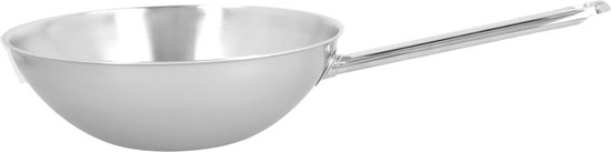 Roestvrijstalen steelpan met een ronde, diepe kuip en een lange steel.