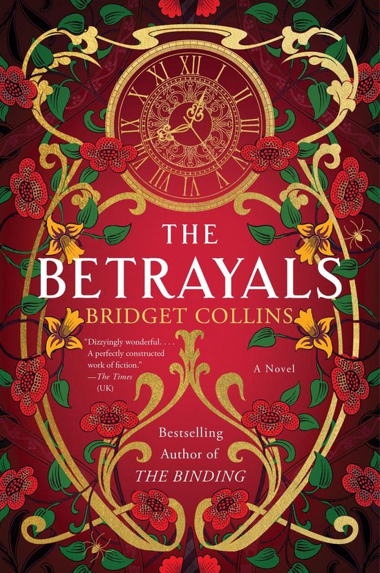 Boekcover van 'The Betrayals' met een klok, gouden ranken en rode bloemen op een donkerrode achtergrond met patroon.
