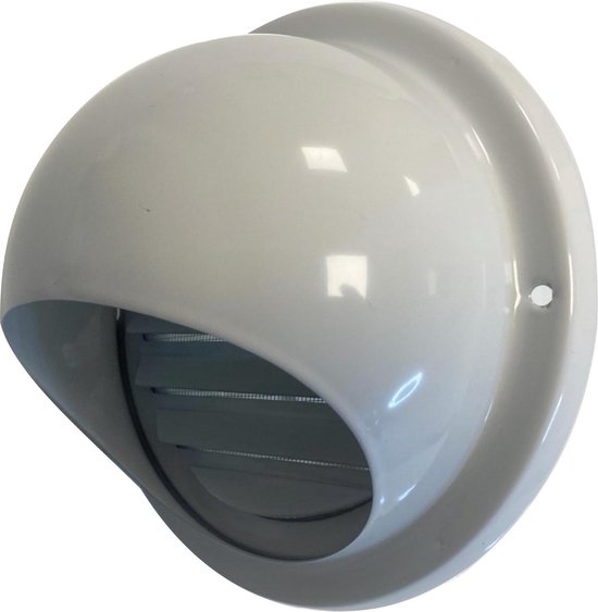 Witte muurrooster met vaste lamellen en een ronde uitlaat. Diameter 100 mm, RAL9010.