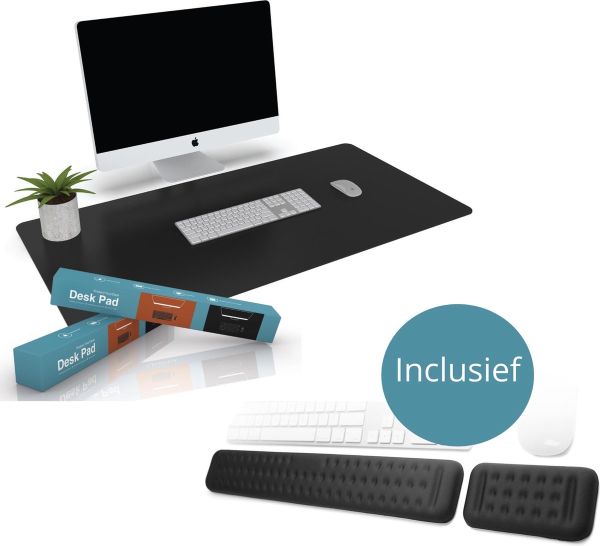 Bureau onderlegger 120x60cm inclusief polssteun voor toetsenbord en muis - Zwart