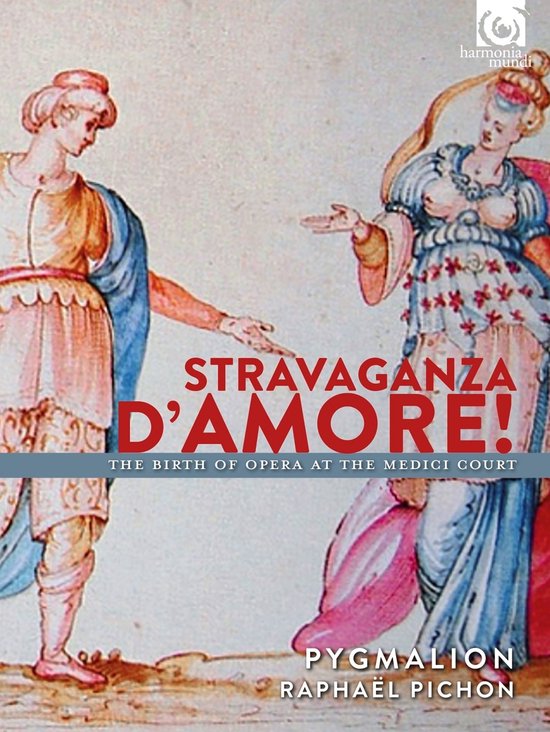 CD hoes met de titel 'Stravaganza D'Amore! The Birth of Opera at the Medici Court'. Een man en vrouw in historische kledij, in een tekeningstijl.