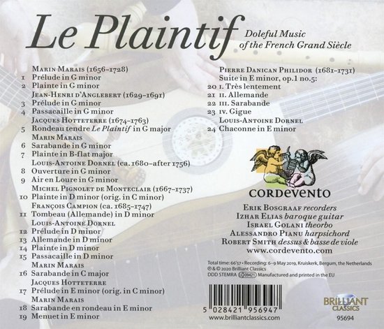 Albumhoes met titel 'Le Plaintif' en lijst van componisten, uitvoerders en muziekstukken. Een engel met een harp en lier, en een engel met een trompet zijn afgebeeld.