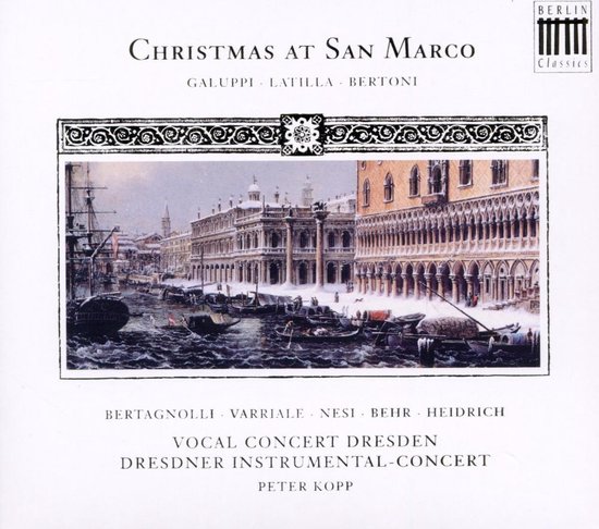 CD-hoes 'Christmas at San Marco' met een schilderij van Venetië in de winter, met gondels op het Canal Grande.