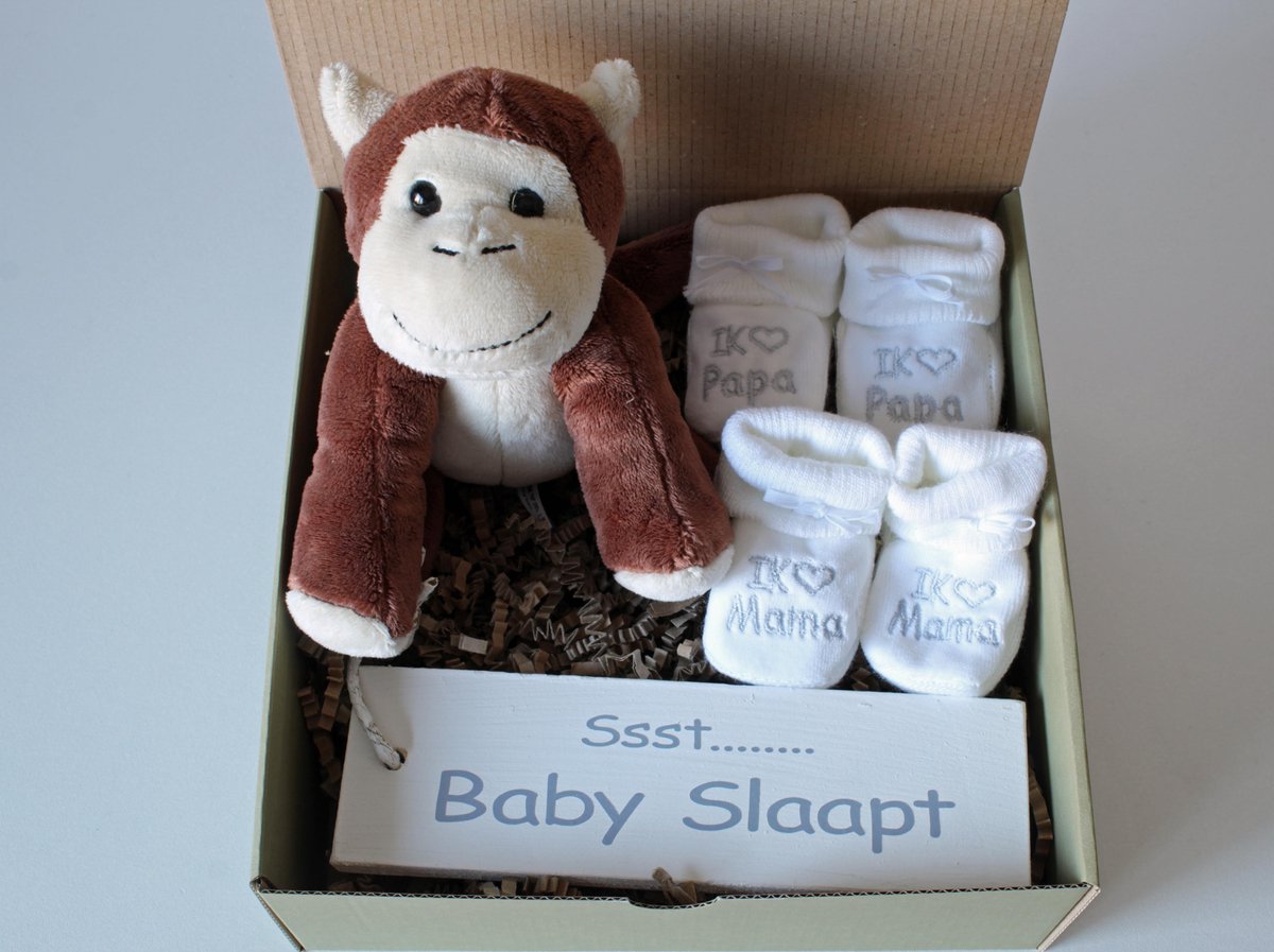 Goedkoopste Minibox Aapje - cadeau geboorte - cadeau zwangerschap - kraamcadeau