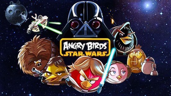 Artwork met Darth Vader, Chewbacca, Luke Skywalker, Leia, Han Solo en stormtroopers in de ruimte.