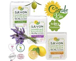 Cigale Bio AKTIE voordeel pakket. Biologische essentiële citroen, lavendel, olijf olie zeep 3x100g. Zonder conserveermiddel - kleur