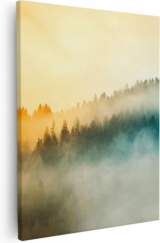 Artaza Canvas Schilderij Kleurrijke Zonsopgang In Het Bos Met Mist - 40x50 - Foto Op Canvas - Canvas Print
