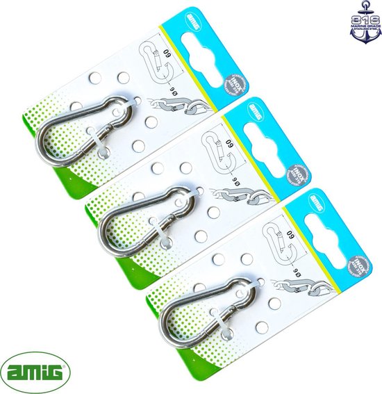 Foto: Amig karabijnhaak 6 x 60mm rvs 316 marine kwaliteit 3 stuks carabiner klein mini musketonhaak