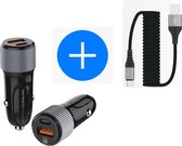 Autolader USB-A & USB-C met USB-C Oplaadkabel - Snellader -Krulsnoer - Uitrekbaar- Auto Lader - Sigarettenaansteker Oplader - Geschikt voor Lenovo K4 / K8 / Lenovo Tab E10/E7/E8/E9/M8/M9/M10/